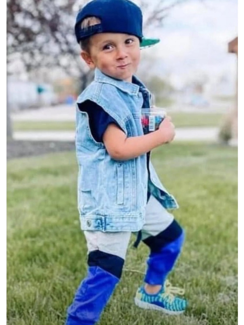 Kids Denim Vest with Navy Cap - Light Blue